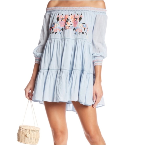 Free People Sunbeams Embroidered Off Shoulder Mini Dress Boho Blue Small - Picture 9 of 9